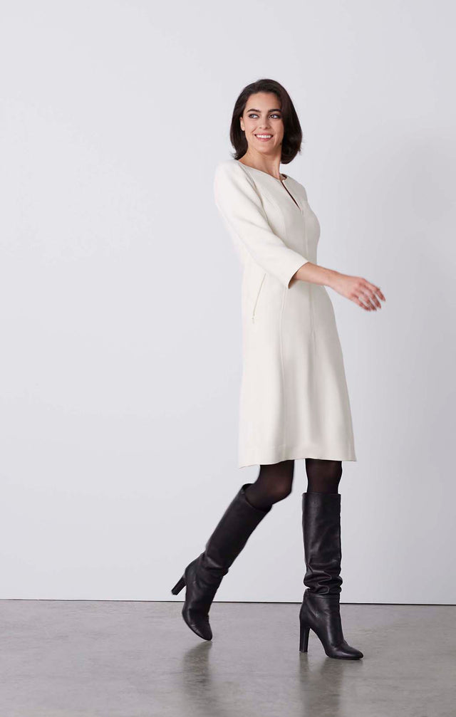 Cream - Zip-Front, Italian-Crêpe Dress - On Model