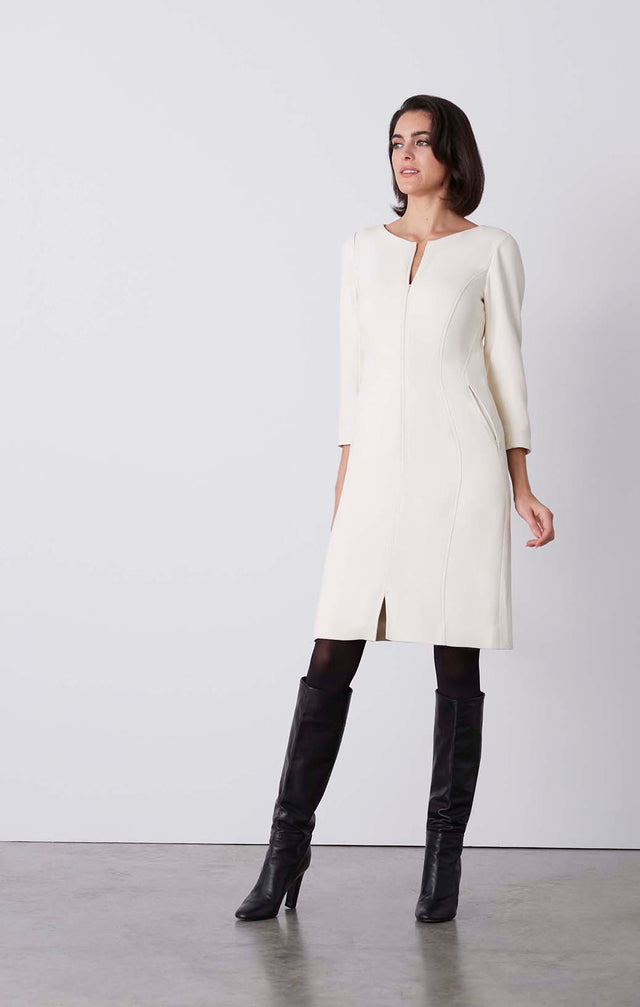 Cream - Zip-Front, Italian-Crêpe Dress - On Model