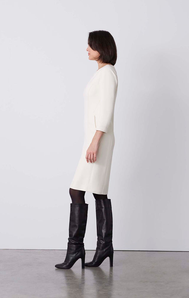 Cream - Zip-Front, Italian-Crêpe Dress - On Model