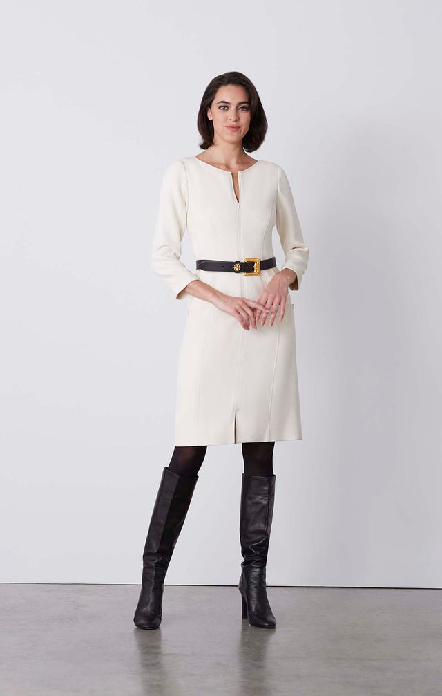 Cream - Zip-Front, Italian-Crêpe Dress - On Model