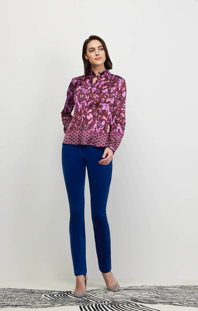 Model Wearing Cotswold - Ruffled Satin Placed Print  Blouse - Ecomm  Image