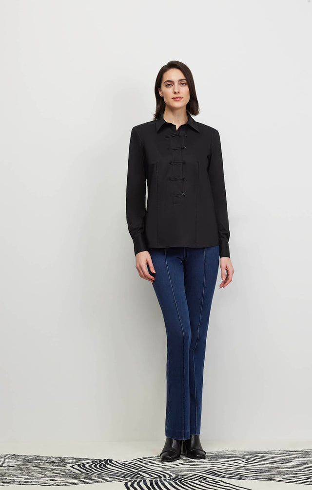 Model Wearing Elegance-Blk - Black Stretch Cotton Blouse With Self Loop Closures - Ecomm  Image