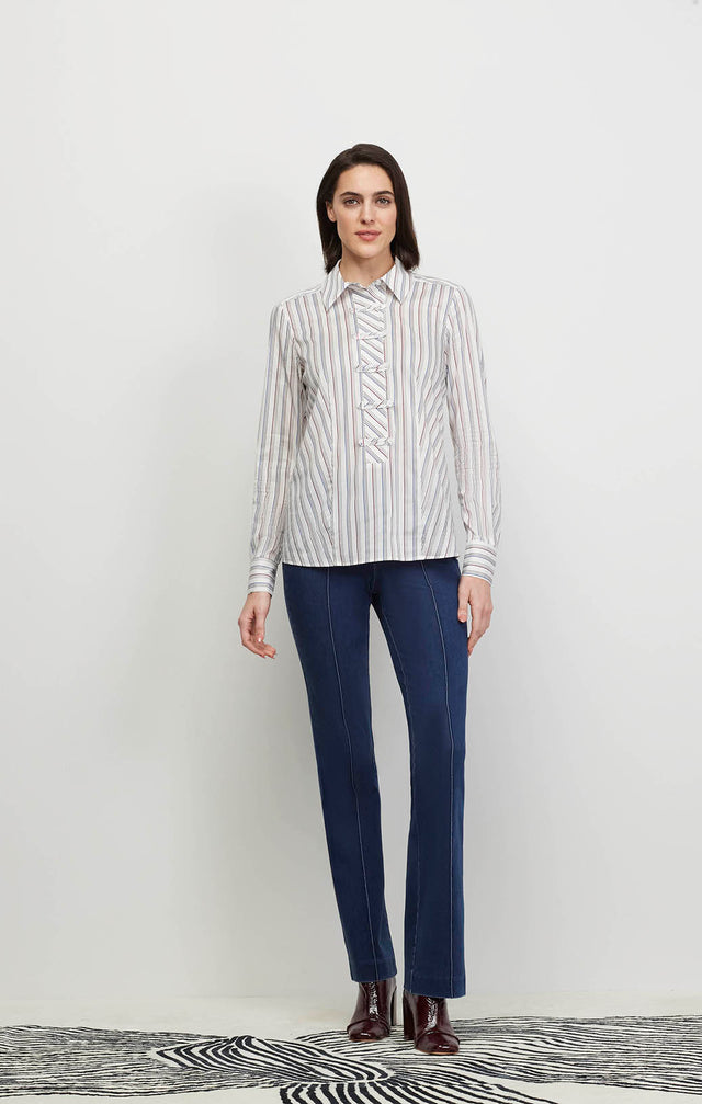 Model Wearing Elegance-Str - Striped Stretch Cotton Shirt With Self Loop Closures - Ecomm Image