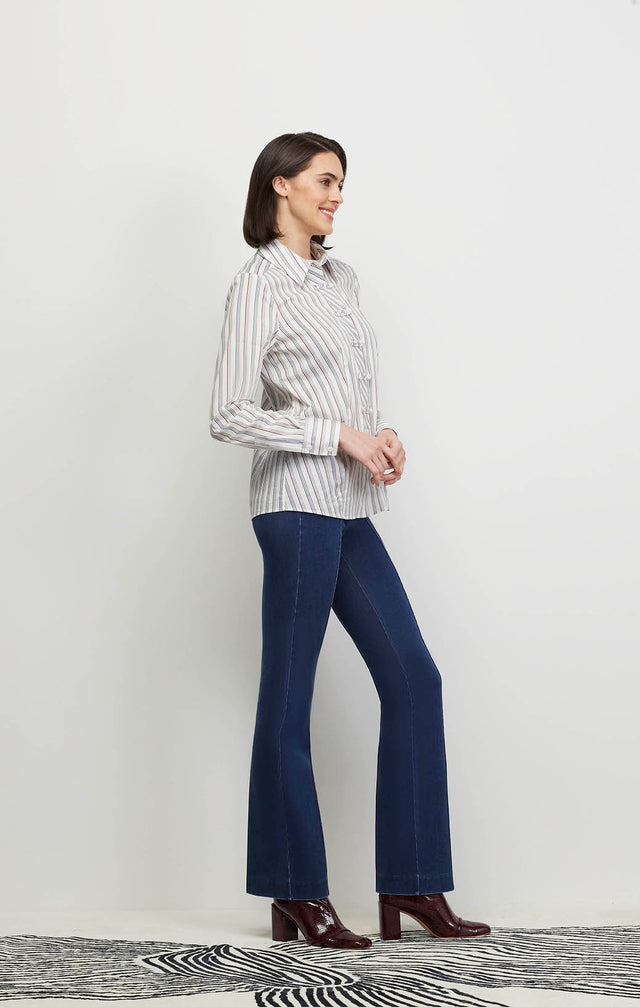 Model Wearing Elegance-Str - Striped Stretch Cotton Shirt With Self Loop Closures - Ecomm Image