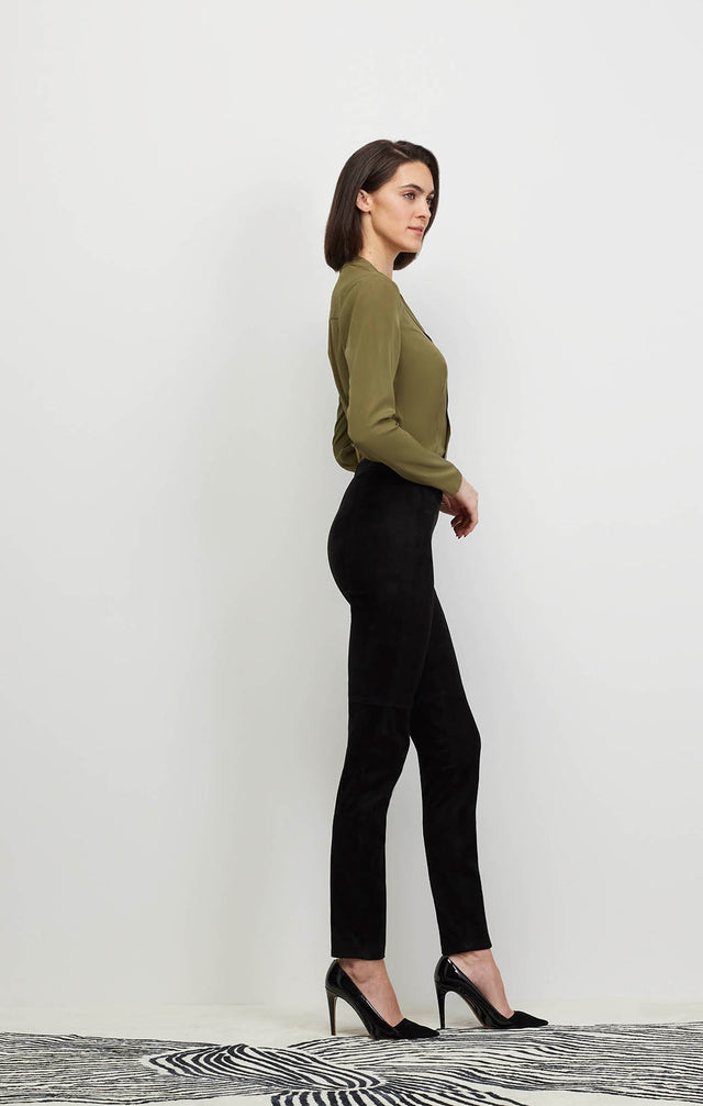 Model Wearing Catwalk-Blk - Black European Suede Leggings - Ecomm Image