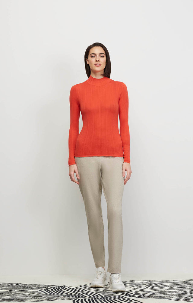 Model Wearing Artistry- Org - Varied-Rib Cashmere Mock Turtleneck - Ecomm Image