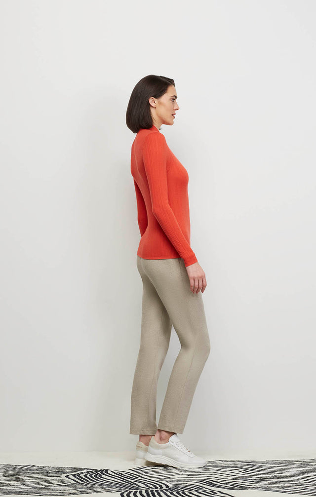 Model Wearing Artistry- Org - Varied-Rib Cashmere Mock Turtleneck - Ecomm Image