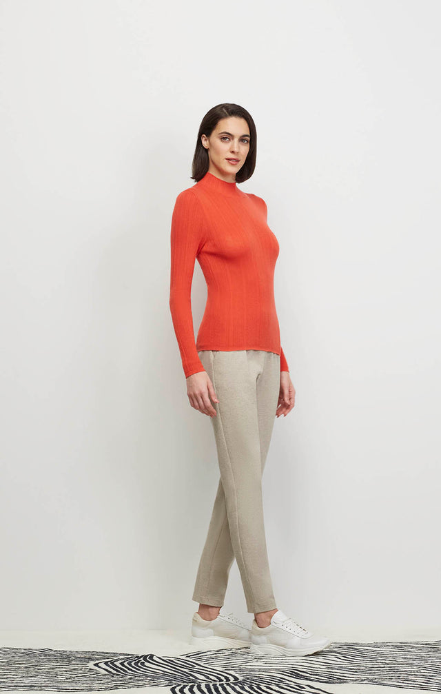 Model Wearing Artistry- Org - Varied-Rib Cashmere Mock Turtleneck - Ecomm Image