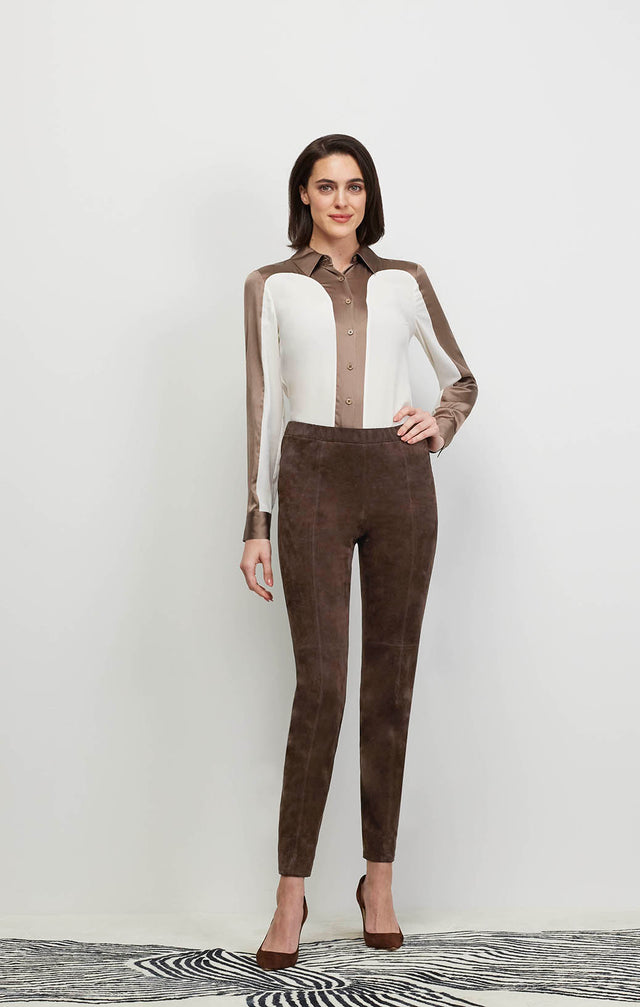 Model Wearing Catwalk-Brn - Chocolate European Suede Leggings - Ecomm Image