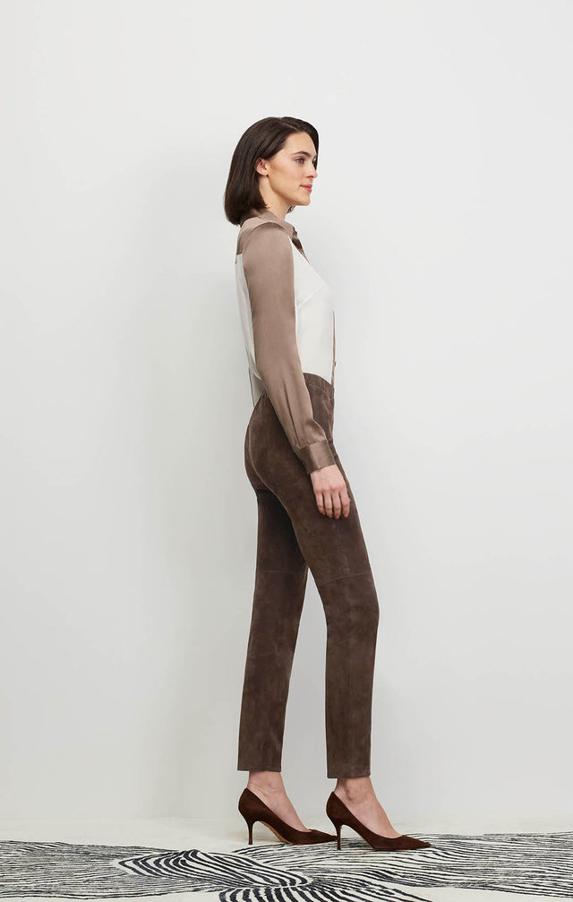 Model Wearing Catwalk-Brn - Chocolate European Suede Leggings - Ecomm Image