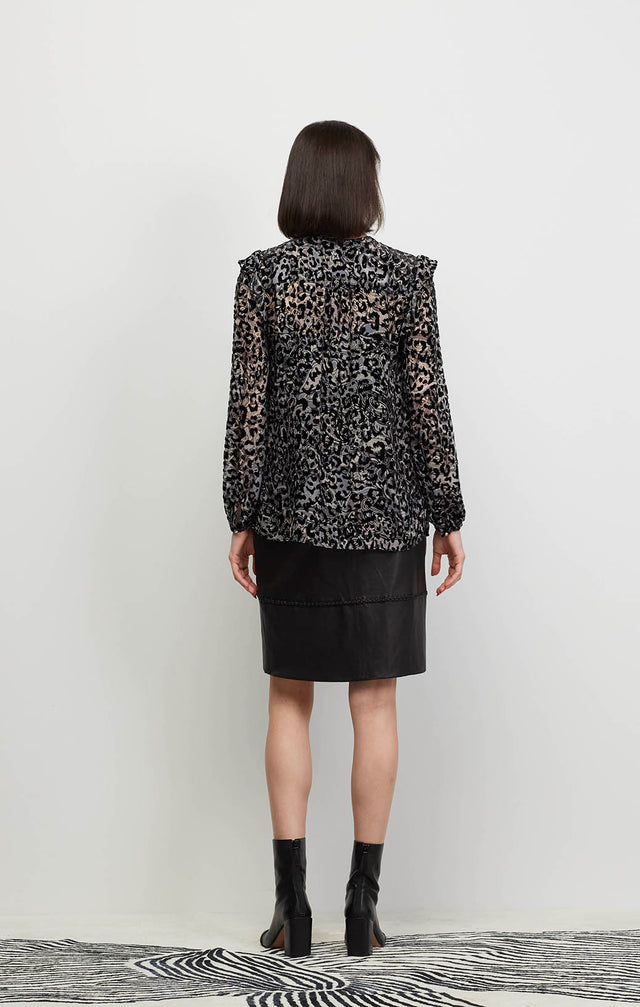 Superfan - Ruffled & Sequined Silk-Rich Mixed Print Blouse - Ecomm Image