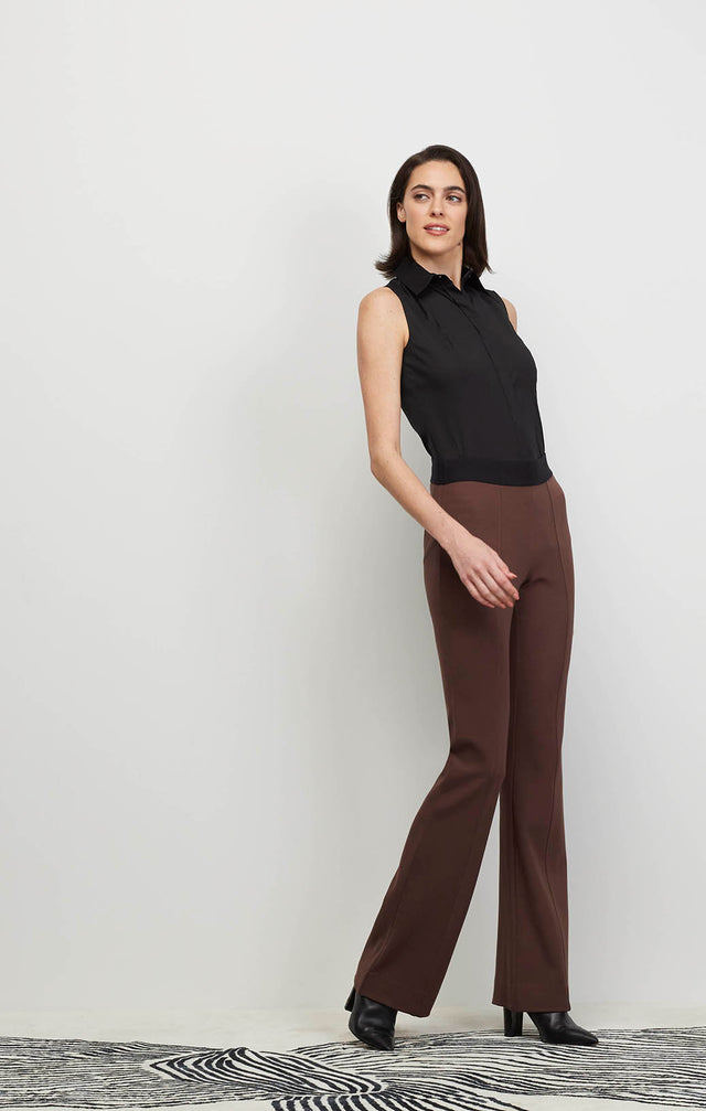 Model Wearing Flare-Brn - Italian Stretch Ponte Pull-On Pants - Ecomm Image