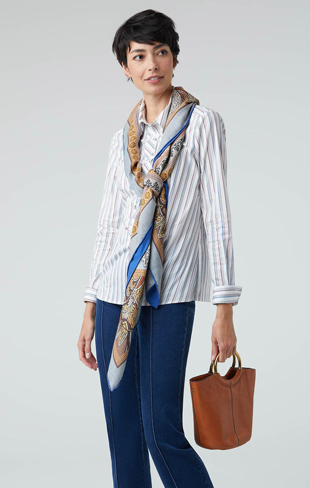 Model Wearing Elegance-Str - Striped Stretch Cotton Shirt With Self Loop Closures - Lookbook Image