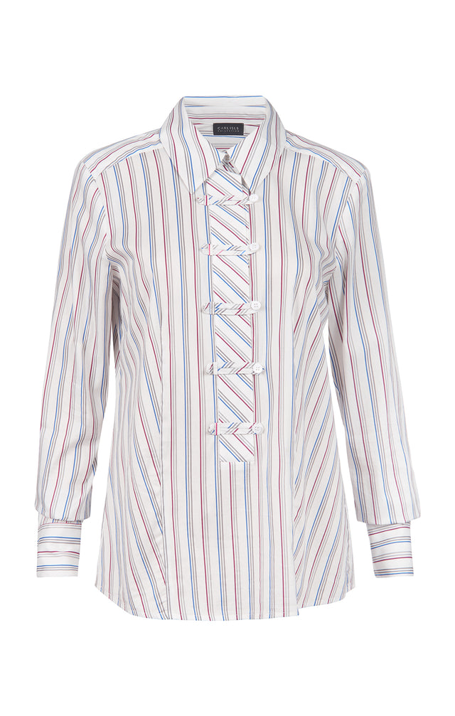 Elegance-Str - Striped Stretch Cotton Shirt With Self Loop Closures - Product Image