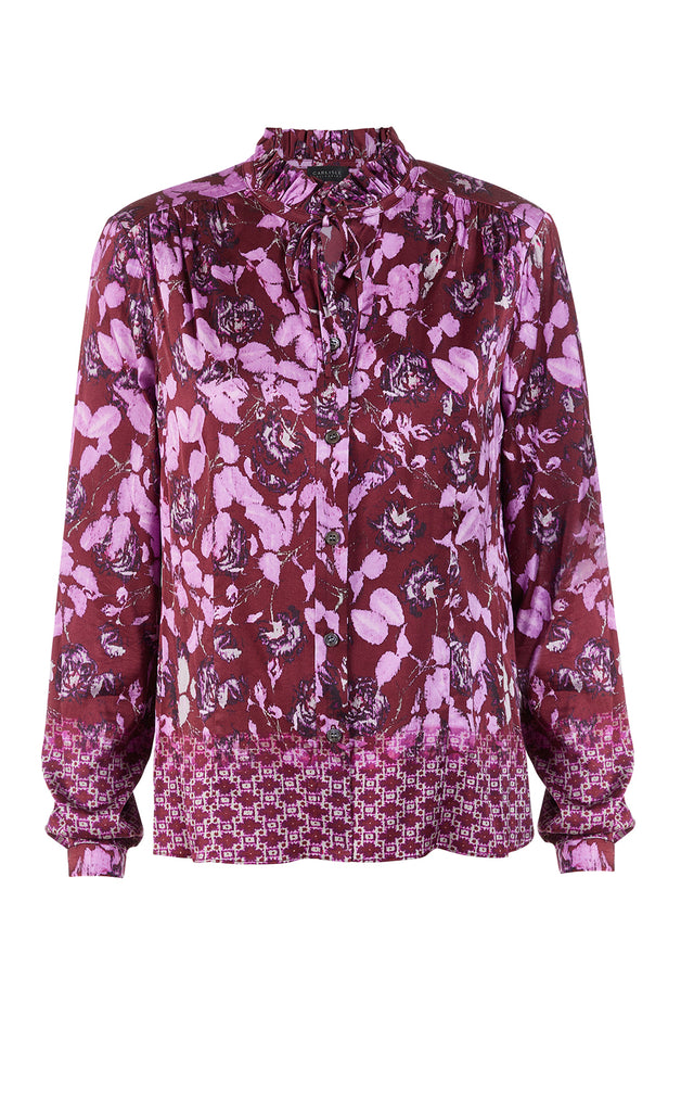 Cotswold - Ruffled Satin Placed Print  Blouse - Product Image