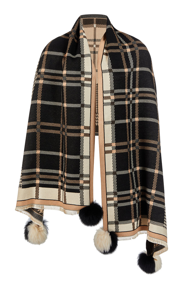 Vulpine - Houndstooth & Plaid Wrap With Fox Fur - Product Image